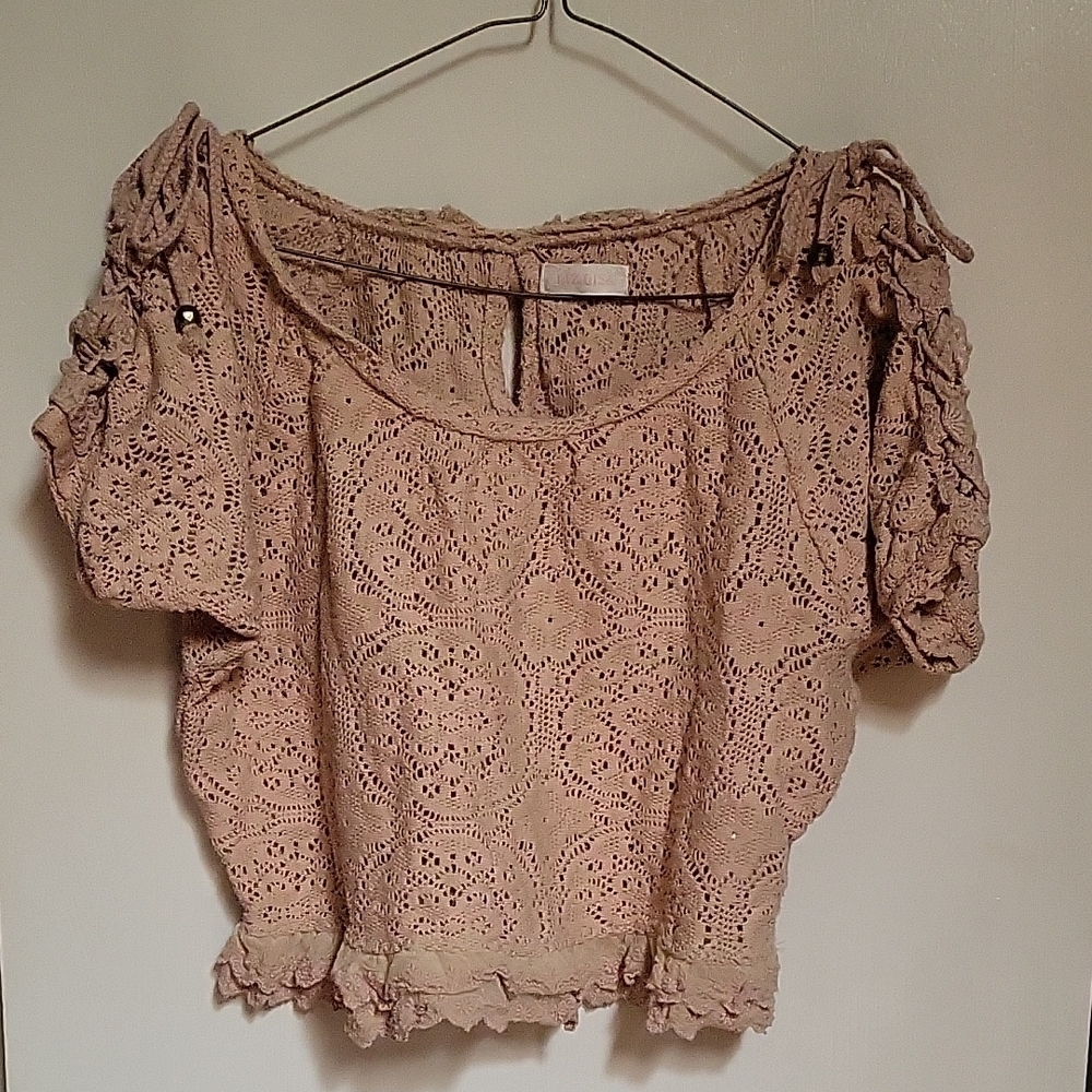LIZ LISA Womens Crochet Doily Lace Crop Top With Peekaboo Back And Corset Sleeve